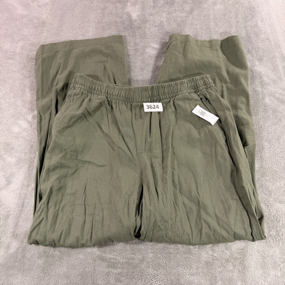 Old Navy Pants Womens Medium Green Linen Blend Wide Leg Elastic Waist NEW